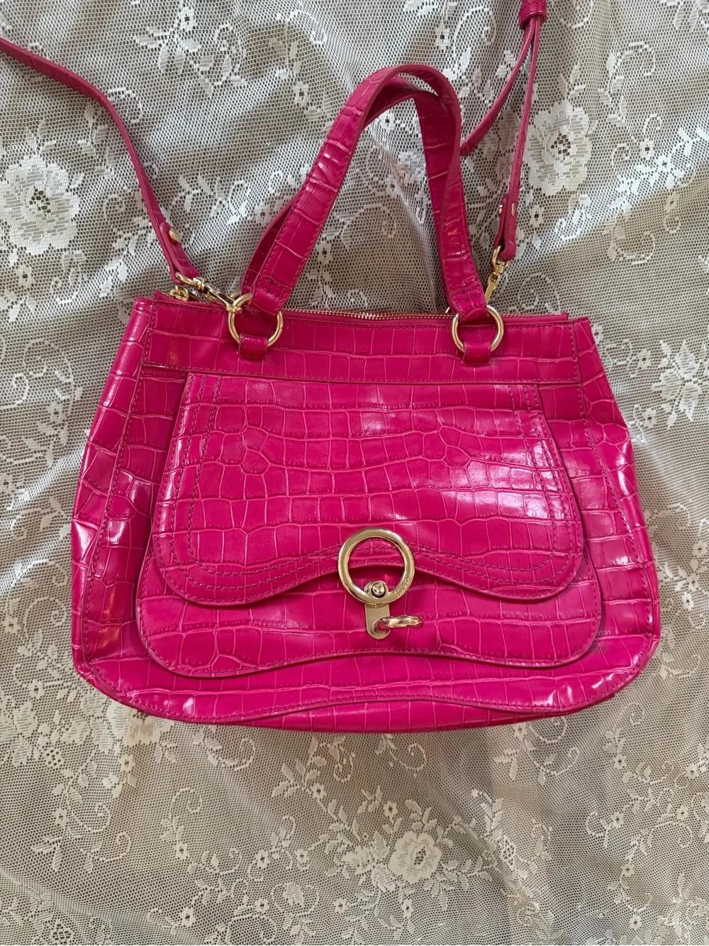 Liu Jo Hot Pink Croc-Embossed Top Handle Crossbody Bag
